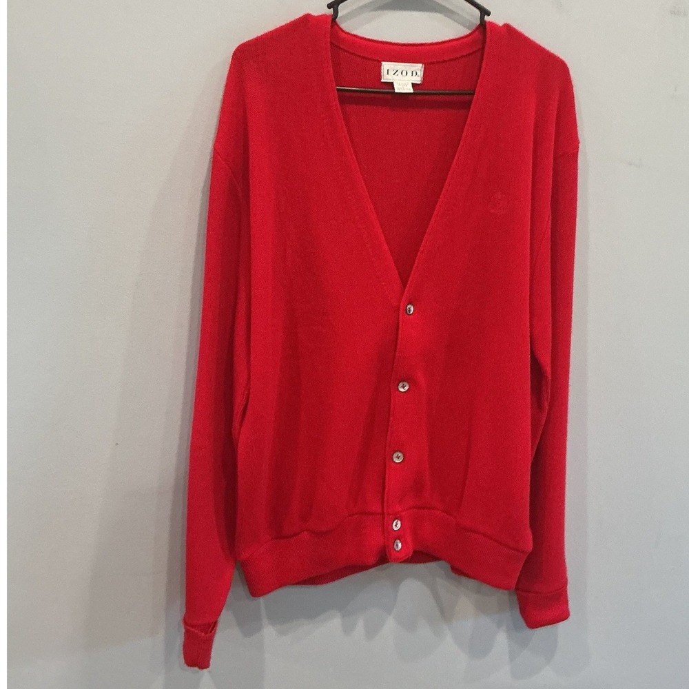 Vintage IZOD Mens V-Neck Cardigan L Red Made in USA Emo Indie Grandpa Mr. Rogers
